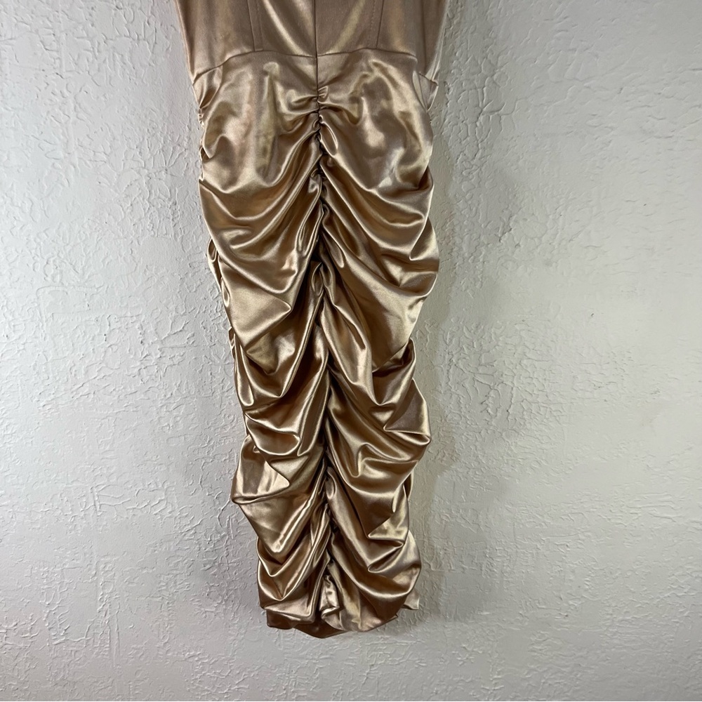 Oh Polly Embellish The Moment Ruched Satin Metallic Knee Length Dress in Gold - Picture 12 of 14